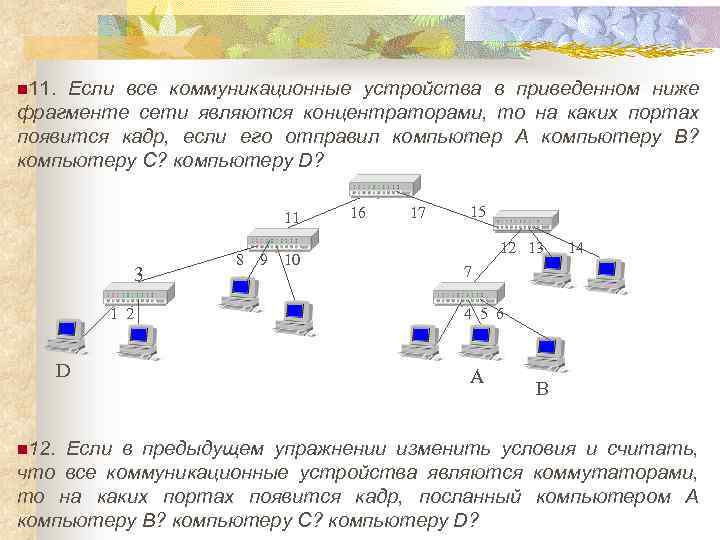 n 11. Если все коммуникационные устройства в приведенном ниже фрагменте сети являются концентраторами, то