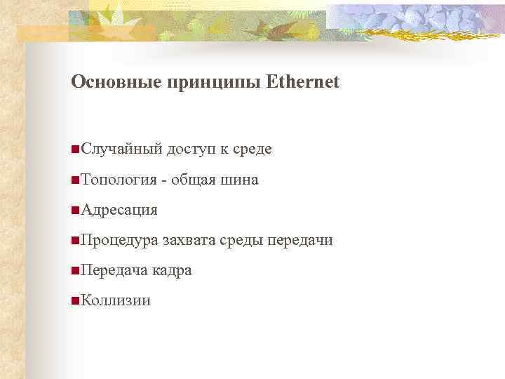 Основные принципы Ethernet n. Случайный доступ к среде n. Топология - общая шина n.