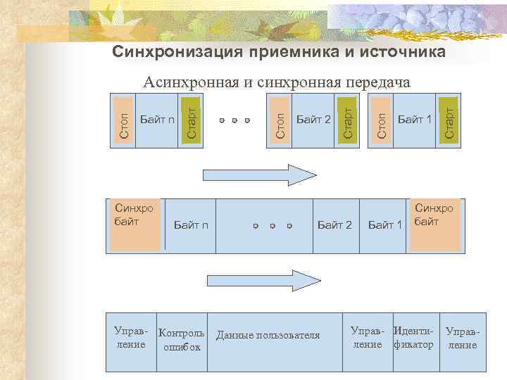  Синхронизация приемника и источника Синхро байт Байт n Управ- Контроль ление ошибок Байт