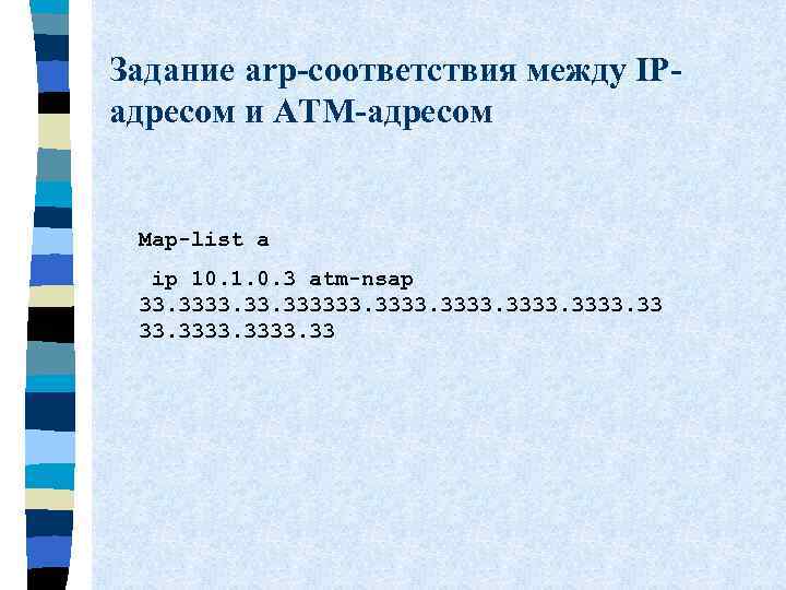 Задание arp-соответствия между IPадресом и ATM-адресом Map-list a ip 10. 1. 0. 3 atm-nsap