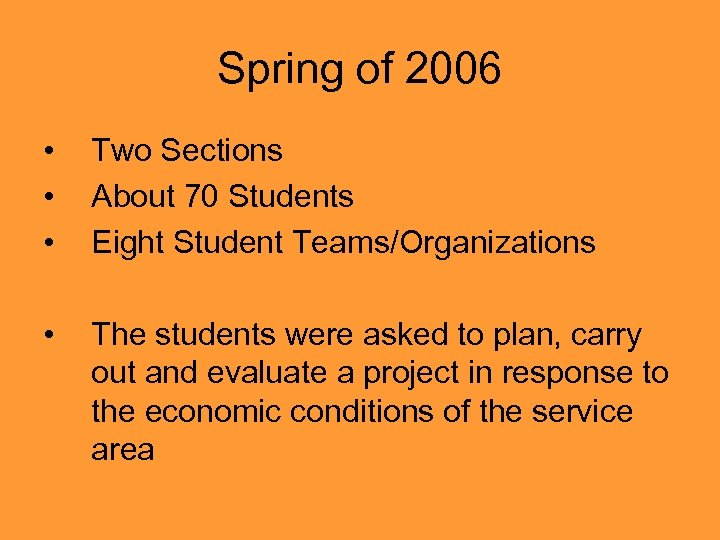 Spring of 2006 • • • Two Sections About 70 Students Eight Student Teams/Organizations