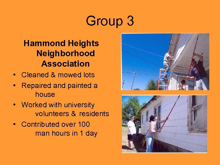 Group 3 Hammond Heights Neighborhood Association • Cleaned & mowed lots • Repaired and