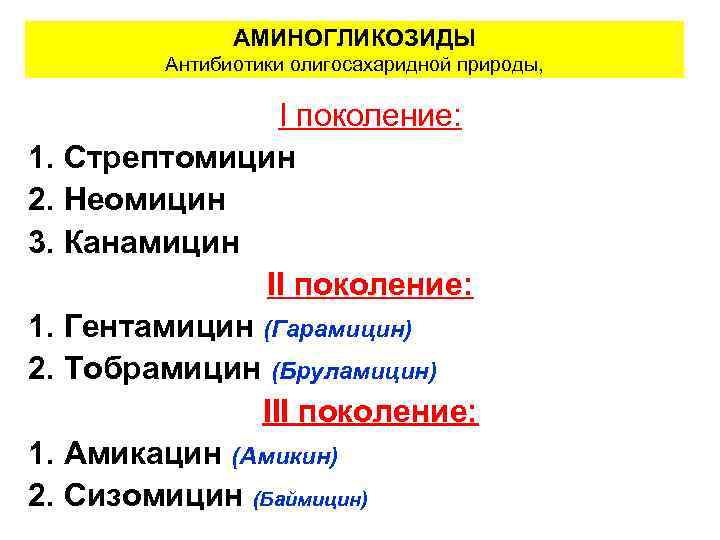 АМИНОГЛИКОЗИДЫ Антибиотики олигосахаридной природы, I поколение: 1. Стрептомицин 2. Неомицин 3. Канамицин II поколение: