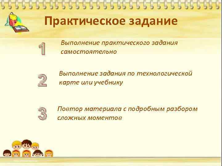 Практическое задание 1 Выполнение практического задания самостоятельно 2 Выполнение задания по технологической карте или