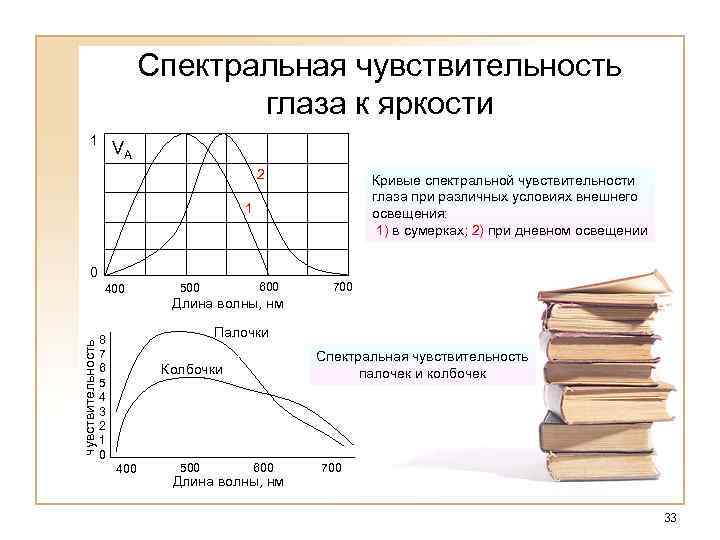 Спектральная чувствительность глаза к яркости 1 VA 2 Кривые спектральной чувствительности глаза при различных