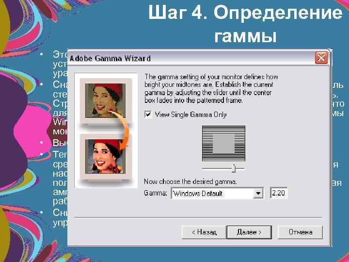 Шаг 4. Определение гаммы • Это самый ответственный этап калибровки. Здесь устанавливается целевая гамма
