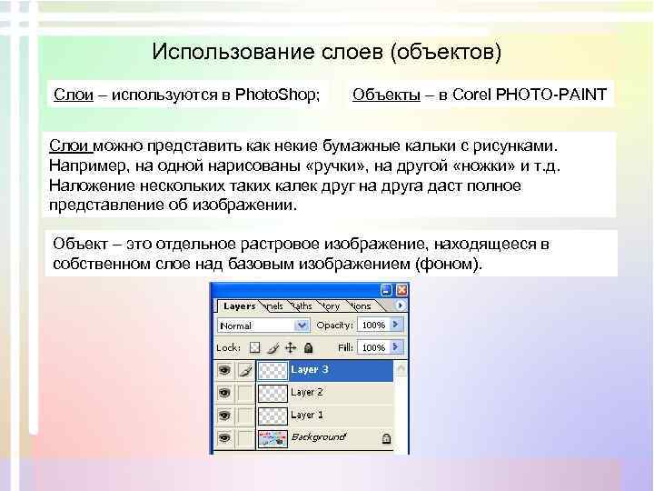 Использование слоев (объектов) Слои – используются в Photo. Shop; Объекты – в Corel PHOTO-PAINT