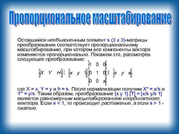 Оставшийся необъясненным элемент s (3 х 3)-матрицы преобразования соответствует пропорциональному масштабированию, при котором все