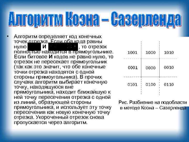  • Алгоритм определяет код конечных точек отрезка. Если оба кода равны нулю И