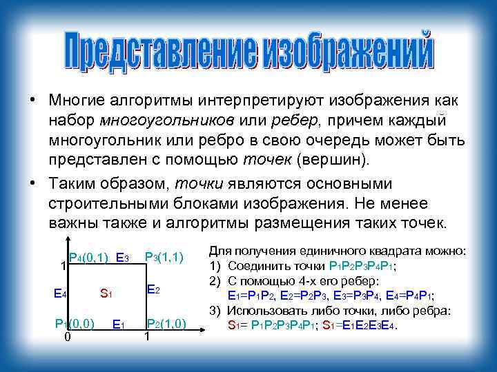  • Многие алгоритмы интерпретируют изображения как набор многоугольников или ребер, причем каждый многоугольник