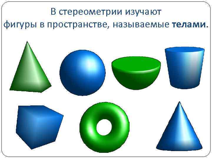 В стереометрии изучают фигуры в пространстве, называемые телами. 