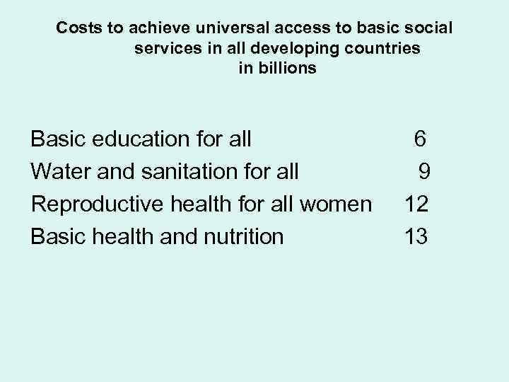 Costs to achieve universal access to basic social services in all developing countries in