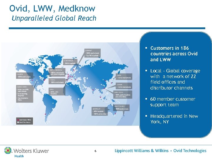 Ovid, LWW, Medknow Unparalleled Global Reach § Customers in 186 countries across Ovid and
