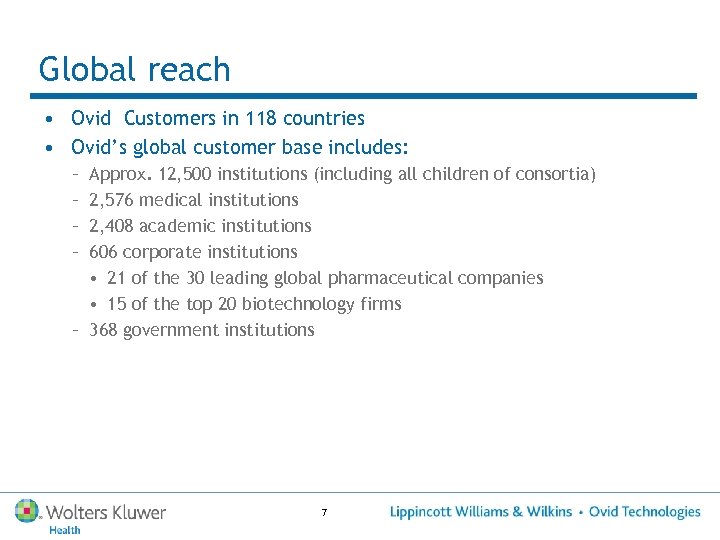 Global reach • Ovid Customers in 118 countries • Ovid’s global customer base includes: