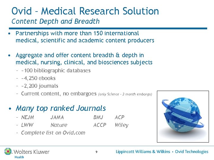 Ovid – Medical Research Solution Content Depth and Breadth • Partnerships with more than