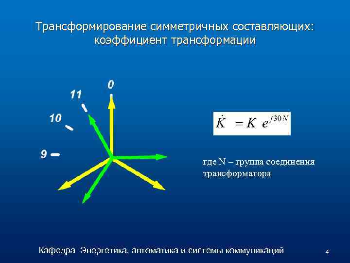 Трансформирование симметричных составляющих: коэффициент трансформации где N – группа соединения трансформатора Кафедра Энергетика, автоматика