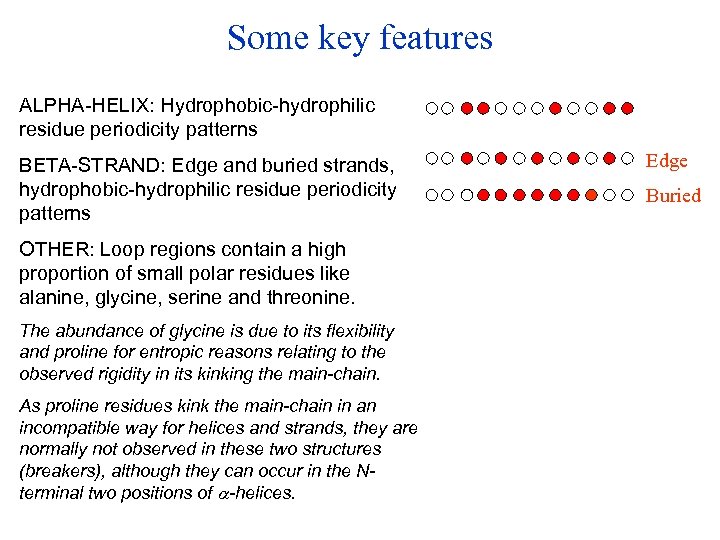 Some key features ALPHA-HELIX: Hydrophobic-hydrophilic residue periodicity patterns BETA-STRAND: Edge and buried strands, hydrophobic-hydrophilic