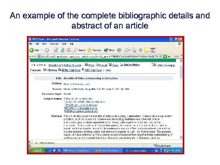 An example of the complete bibliographic details and abstract of an article 