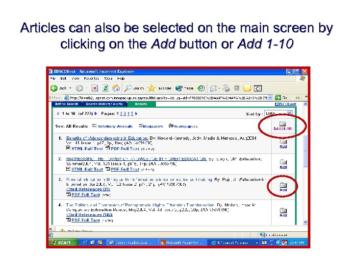 Articles can also be selected on the main screen by clicking on the Add