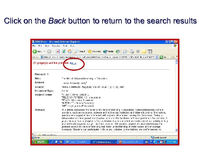 Click on the Back button to return to the search results 