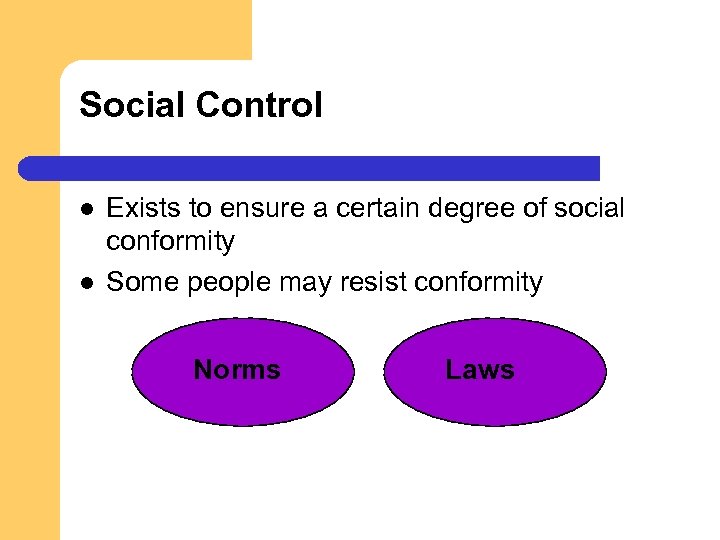 Social Control l l Exists to ensure a certain degree of social conformity Some