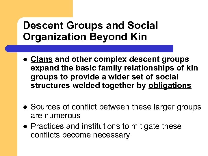 Descent Groups and Social Organization Beyond Kin l Clans and other complex descent groups