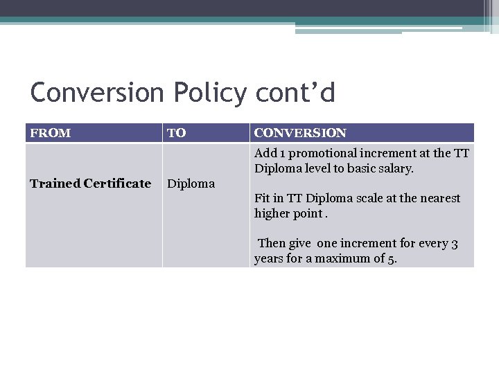 Conversion Policy cont’d FROM TO CONVERSION Add 1 promotional increment at the TT Diploma