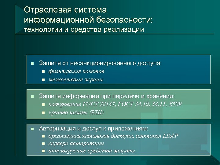Отраслевая система информационной безопасности: технологии и средства реализации n Защита от несанкционированного доступа: n