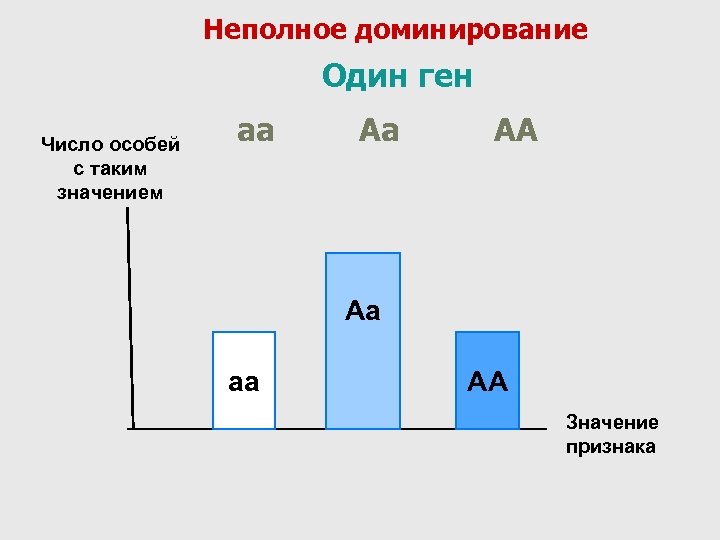 Неполное доминирование Один ген Число особей с таким значением аа Аа АА Аа аа