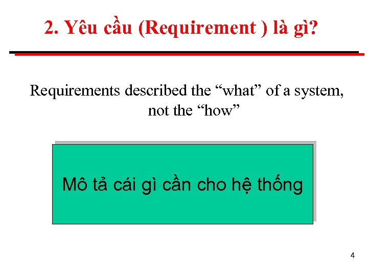 2. Yêu cầu (Requirement ) là gì? Requirements described the “what” of a system,