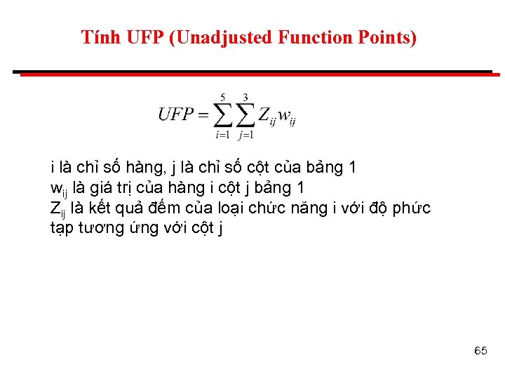 Tính UFP (Unadjusted Function Points) i là chỉ số hàng, j là chỉ số