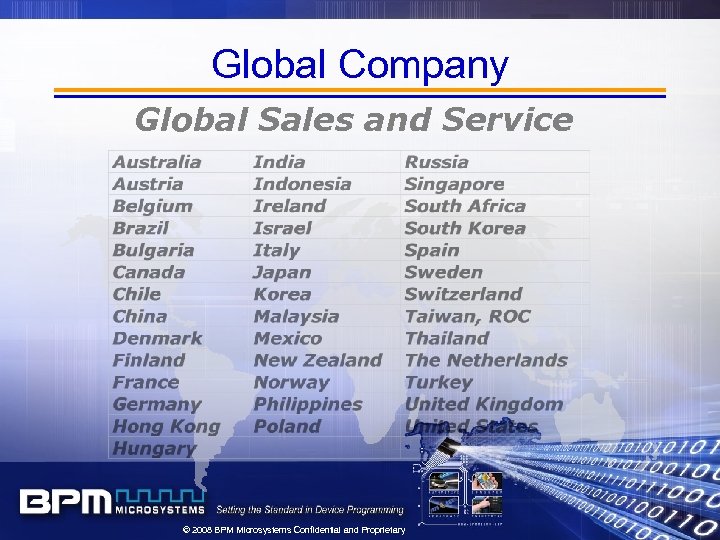 Global Company Global Sales and Service © 2008 BPM Microsystems Confidential and Proprietary 