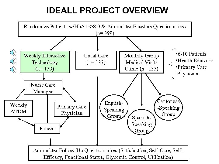 IDEALL PROJECT OVERVIEW Randomize Patients w/Hb. A 1 c>8. 0 & Administer Baseline Questionnaires