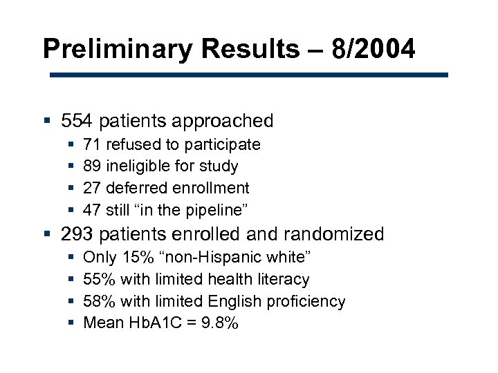 Preliminary Results – 8/2004 § 554 patients approached § § 71 refused to participate