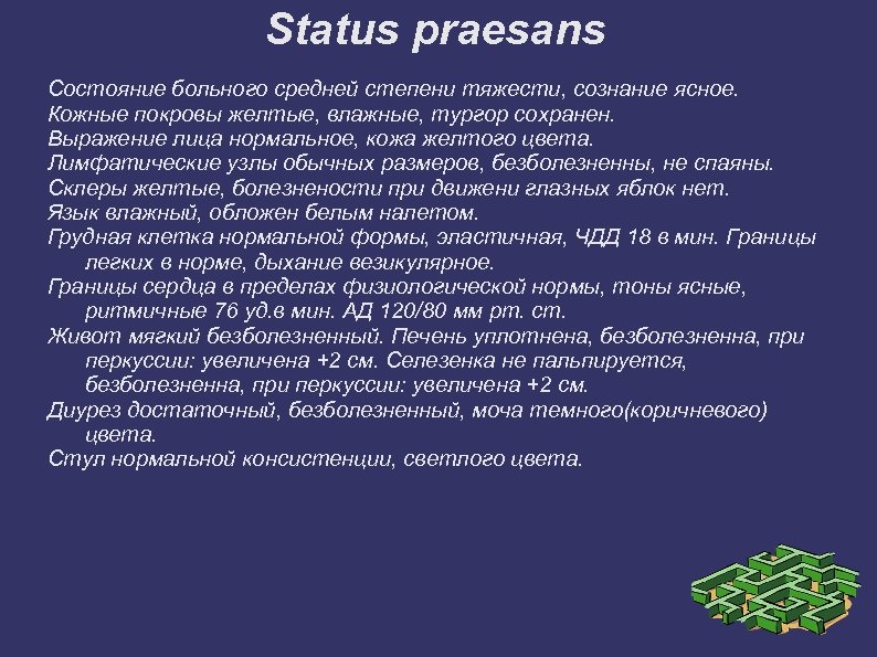 Status praesans Состояние больного средней степени тяжести, сознание ясное. Кожные покровы желтые, влажные, тургор