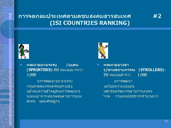 การจดกลมประเทศตามดชนสงคมสารสนเทศ (ISI COUNTRIES RANKING) • พฒนาอยางเรงรบ /บบคน (SPRINTERS)-ISI คะแนนมากกวา 1, 000 มการพฒนาอยางเรงรบ กอนทจะตองหยดหรอถกเปลย นลำดบความสำคญของการพฒนาอ