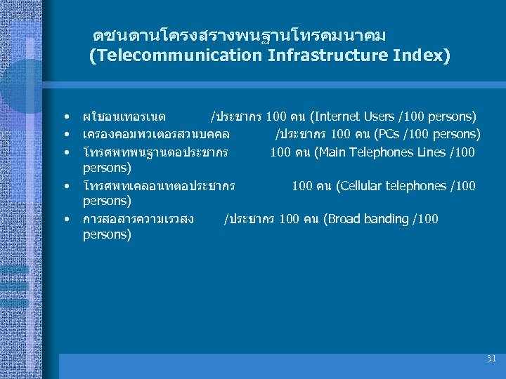 ดชนดานโครงสรางพนฐานโทรคมนาคม (Telecommunication Infrastructure Index) • • • ผใชอนเทอรเนต /ประชากร 100 คน (Internet Users /100