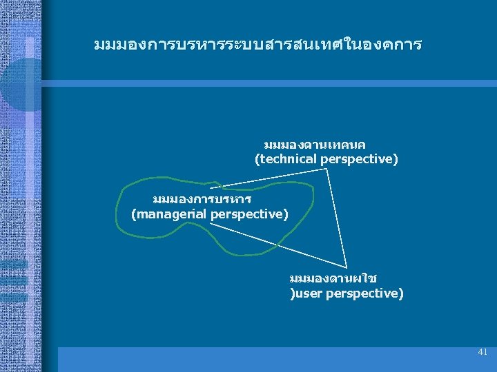 มมมองการบรหารระบบสารสนเทศในองคการ มมมองดานเทคนค (technical perspective) มมมองการบรหาร (managerial perspective) มมมองดานผใช )user perspective) 41 