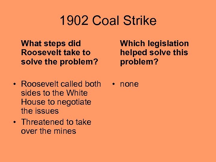 1902 Coal Strike What steps did Roosevelt take to solve the problem? • Roosevelt