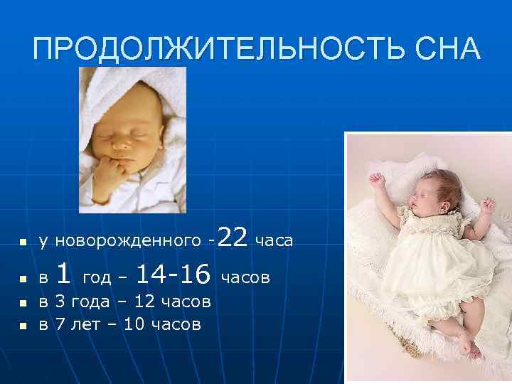 ПРОДОЛЖИТЕЛЬНОСТЬ СНА n n у новорожденного -22 часа 1 в год – 14 -16