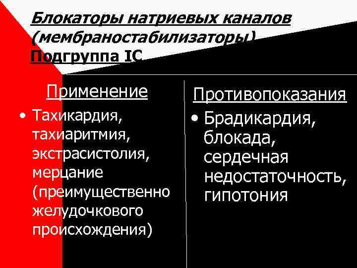 Блокаторы натриевых каналов (мембраностабилизаторы) Подгруппа IС Применение • Тахикардия, тахиаритмия, экстрасистолия, мерцание (преимущественно желудочкового