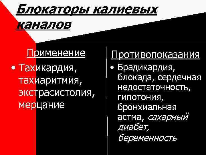 Блокаторы калиевых каналов Применение • Тахикардия, тахиаритмия, экстрасистолия, мерцание Противопоказания • Брадикардия, блокада, сердечная