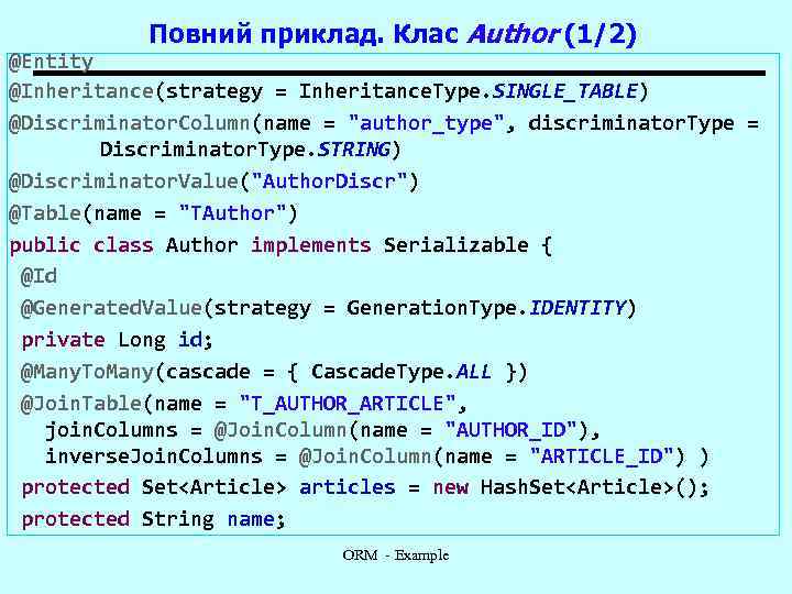 Повний приклад. Клас Author (1/2) @Entity @Inheritance(strategy = Inheritance. Type. SINGLE_TABLE) @Discriminator. Column(name =