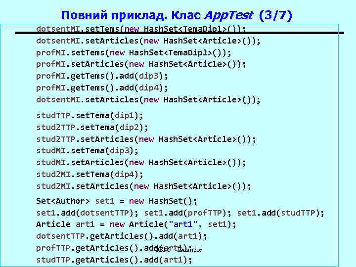 Повний приклад. Клас App. Test (3/7) dotsent. MI. set. Tems(new Hash. Set<Tema. Dipl>()); dotsent.