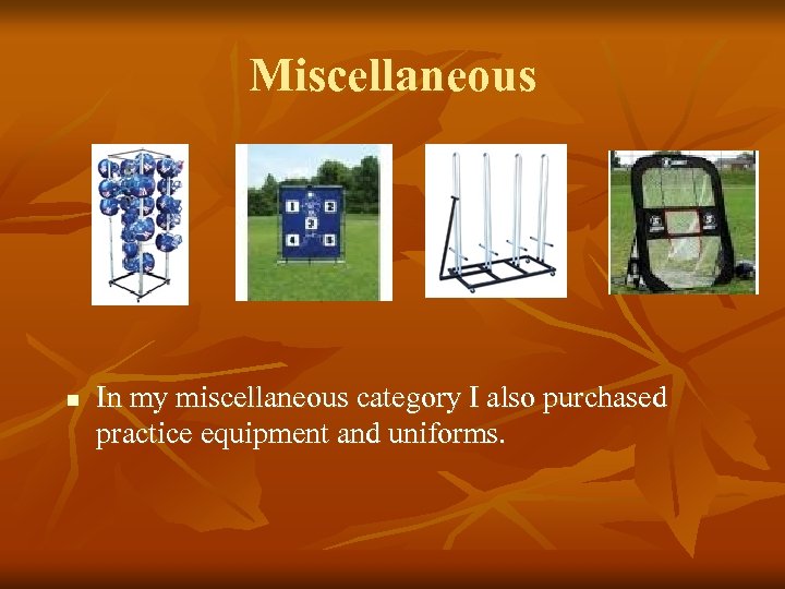 Miscellaneous n In my miscellaneous category I also purchased practice equipment and uniforms. 