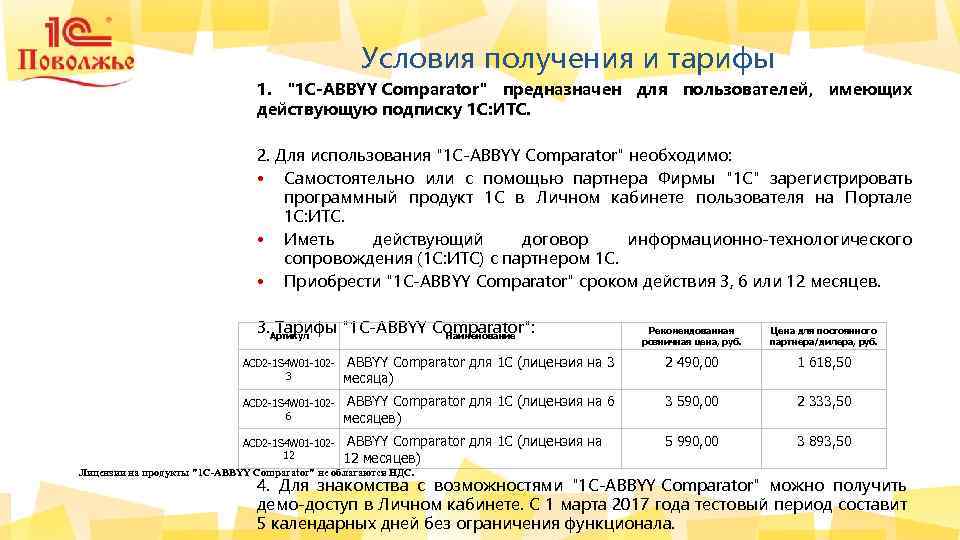Условия получения и тарифы 1. "1 C-ABBYY Comparator" предназначен для пользователей, имеющих действующую подписку