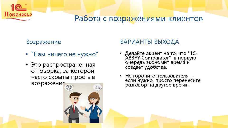 Работа с возражениями клиентов Возражение ВАРИАНТЫ ВЫХОДА • "Нам ничего не нужно" • Делайте