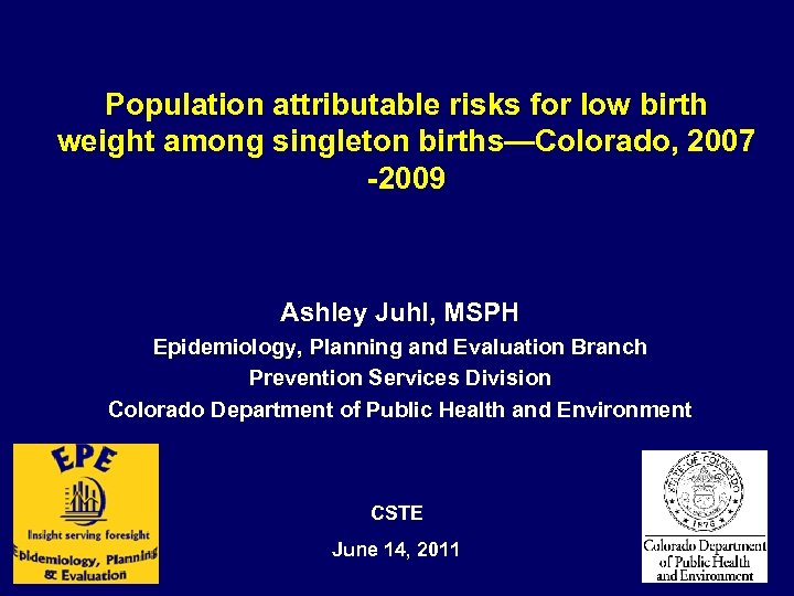 Population attributable risks for low birth weight among singleton births—Colorado, 2007 -2009 Ashley Juhl,