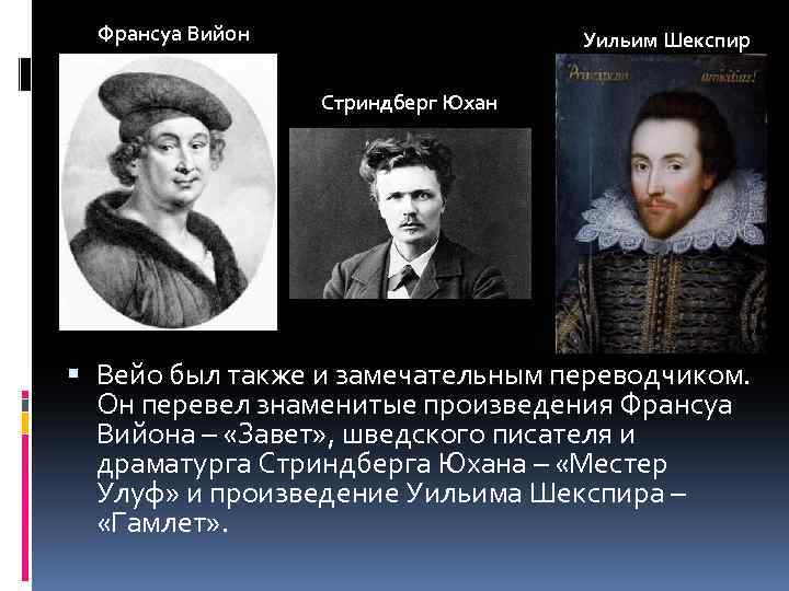 Франсуа Вийон Уильим Шекспир Стриндберг Юхан Вейо был также и замечательным переводчиком. Он перевел