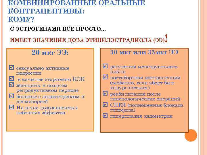 КОМБИНИРОВАННЫЕ ОРАЛЬНЫЕ КОНТРАЦЕПТИВЫ: КОМУ? С ЭСТРОГЕНАМИ ВСЕ ПРОСТО… ИМЕЕТ ЗНАЧЕНИЕ ДОЗА ЭТИНИЛЭСТРАДИОЛА (ЭЭ) !
